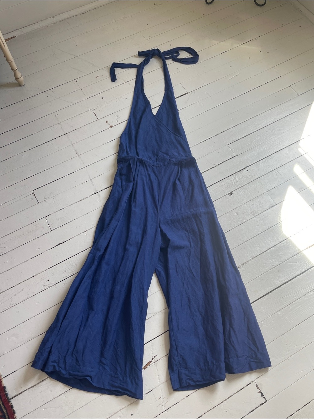 Rujuta Sheth Navy Blue Halter Wide-Leg Cropped Jumpsuit, Open Back, Linen Blend